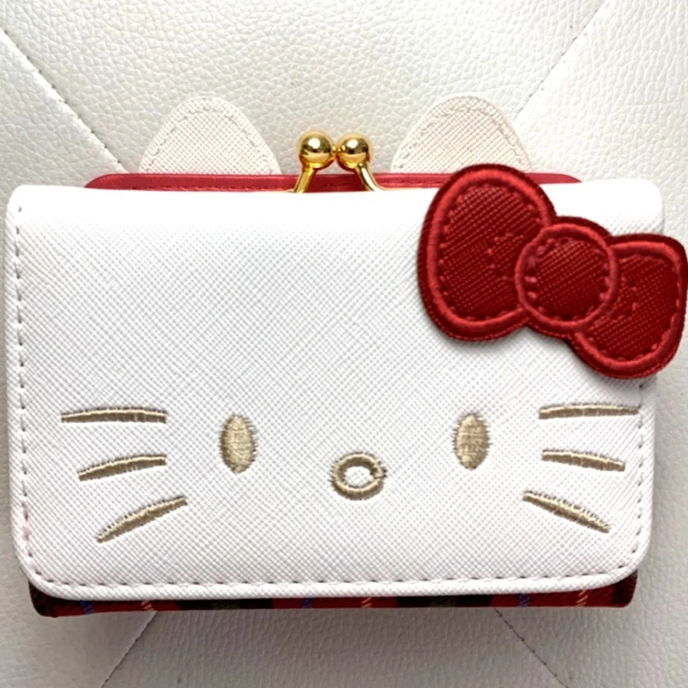 NEW Hello Kitty Textured Multi-Pocket Kisslock Wallet White Plaid Bow Cat Y2K